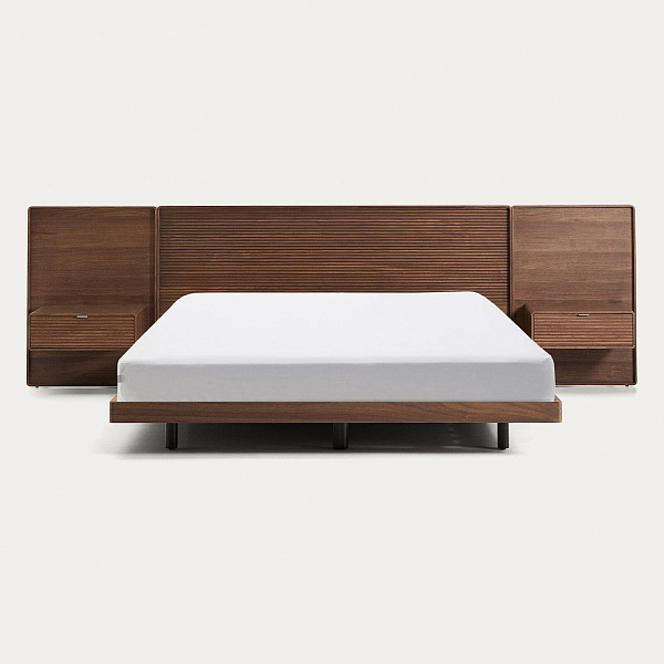 Кровать Kave Home Norlen с двумя тумбами и LED-подсветкой, орех, 180×200 см