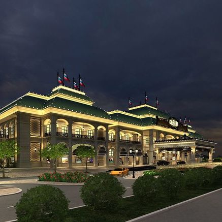 Проект ресторана и бара с профессиональным оборудованием от Profitex. Казино «Sochi Casino & Resort», Сочи. На фото центральный вход в казино с вечерней подсветкой.
